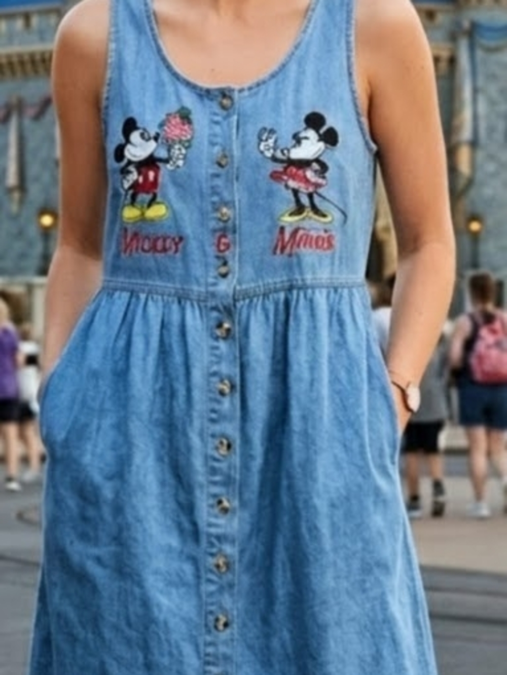 Vintage 90s Embroidered Mickey& Minnie Mouse Denim Dress